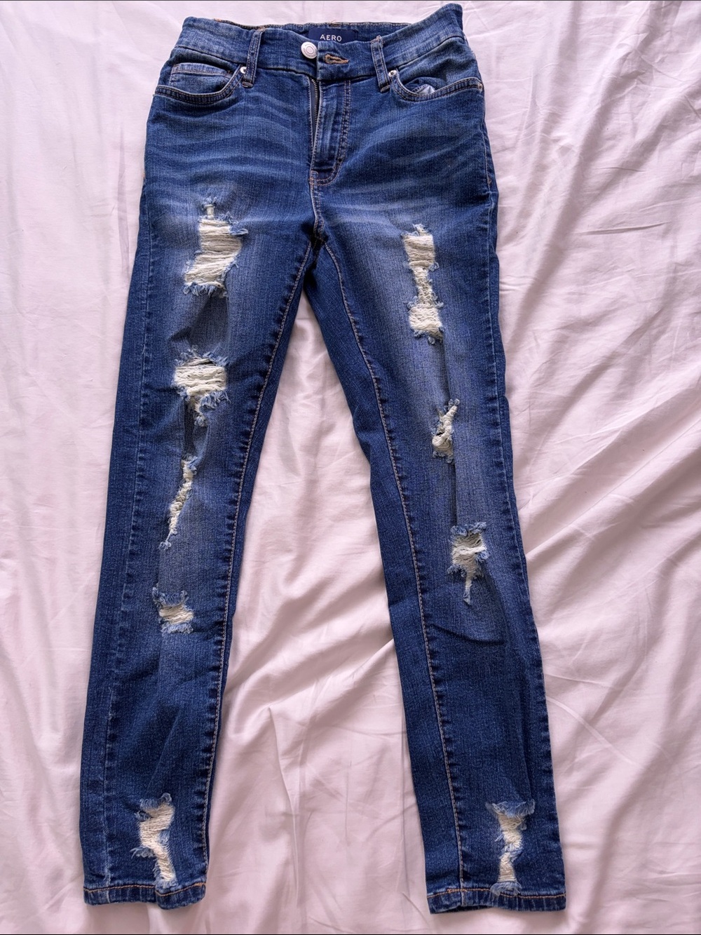 Slim Fit Distressed Skinny Jeans in Dark Blue
